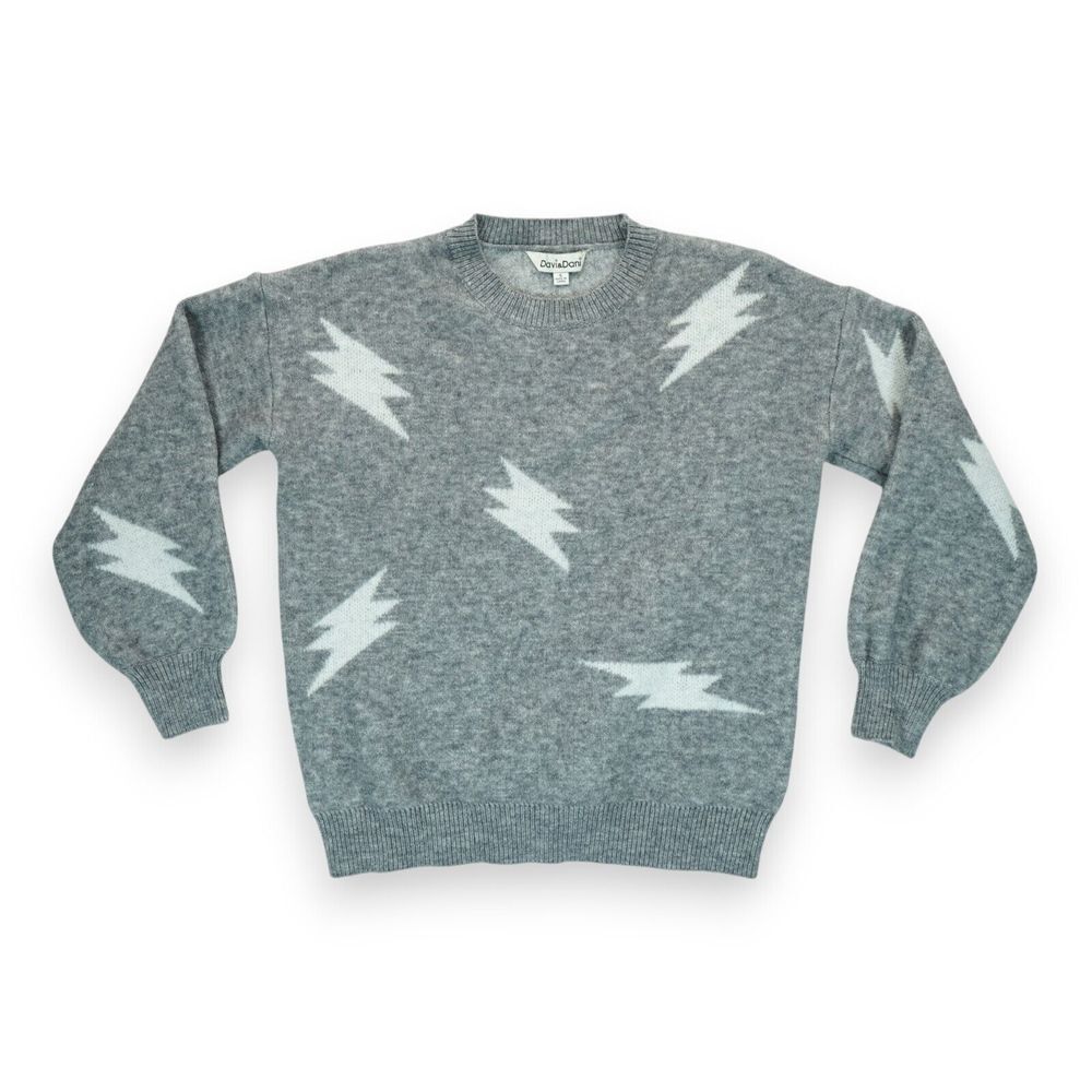 Davi & Dani Sweater Women's Lightening Bolt Size S Pullover Gray Crew Neck